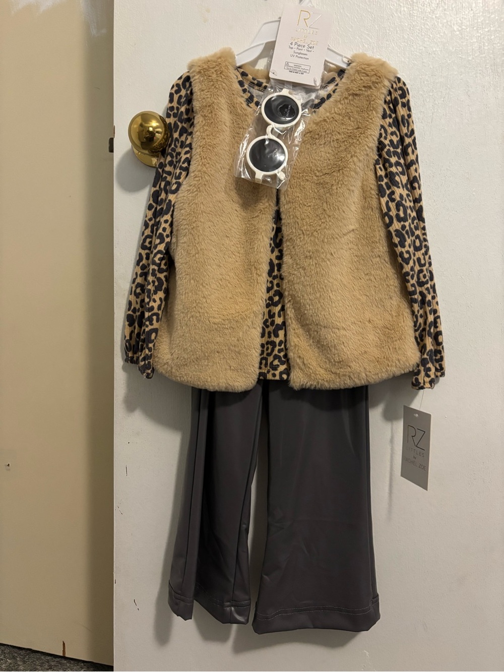 Girls' Tan Faux-Fur Vest with Leopard Top